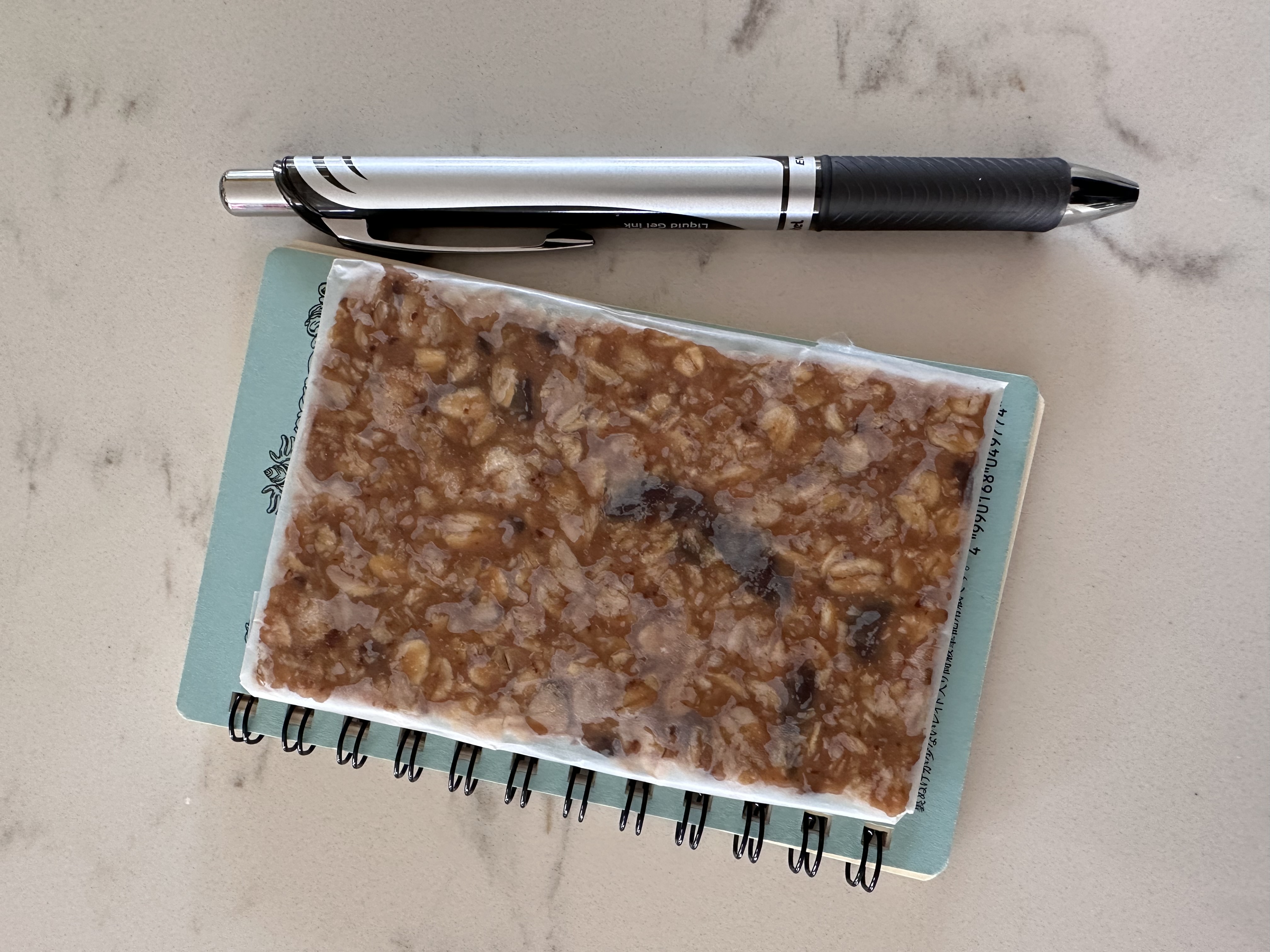 An index card sized granola bar sitting on top of a small pocket notebook next to a Pentel EnerGel pen