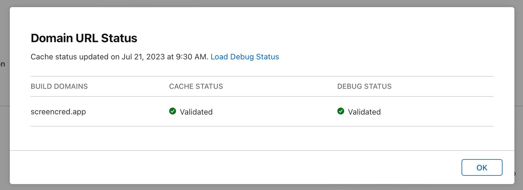 App Store Connect domain URL status dialog showing 1 valid domain