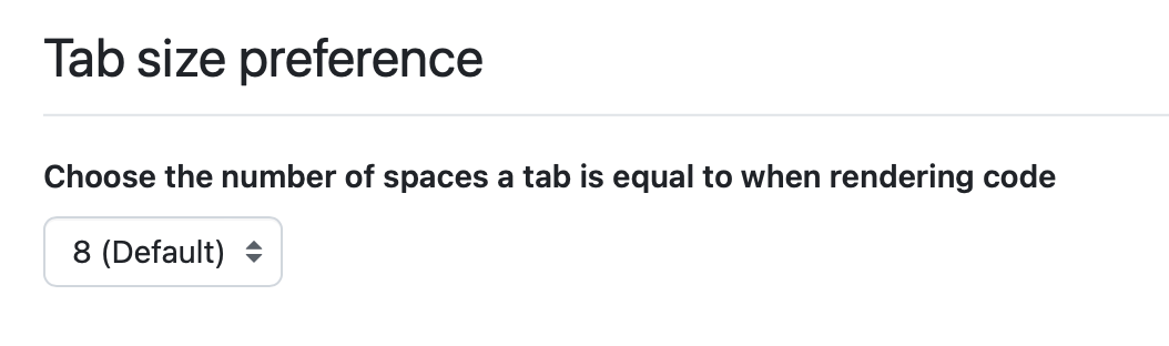 Screenshot of GitHub appearance preferences showing default tab width of 8 spaces